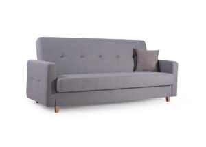 Nauja minkšta sofa-lova „Targo“. Su miegojimo funkcija ir dėže patalynei. Pilkos spalvos iš struktūrinio audinio (Sawana 21).