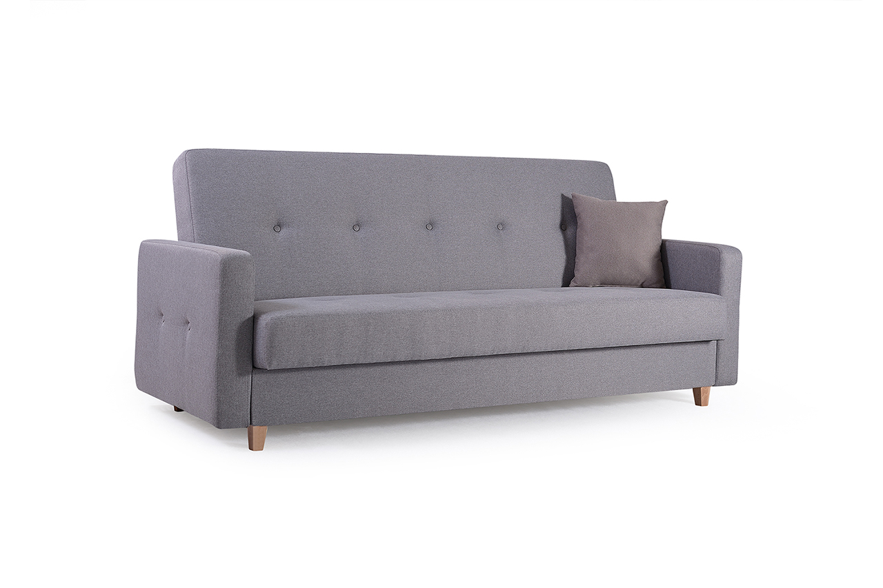Nauja minkšta sofa-lova „Targo“. Su miegojimo funkcija ir dėže patalynei. Pilkos spalvos iš struktūrinio audinio (Sawana 21).