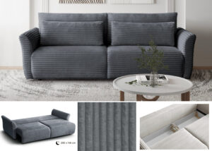 Nauja minkšta miegama sofa / sofa-lova „Tamir“. Su miegojimo funkcija ir dėže patalynei. Su pagalvėmis. Su zigzaginėmis spyruoklėmis. Pilkos spalvos