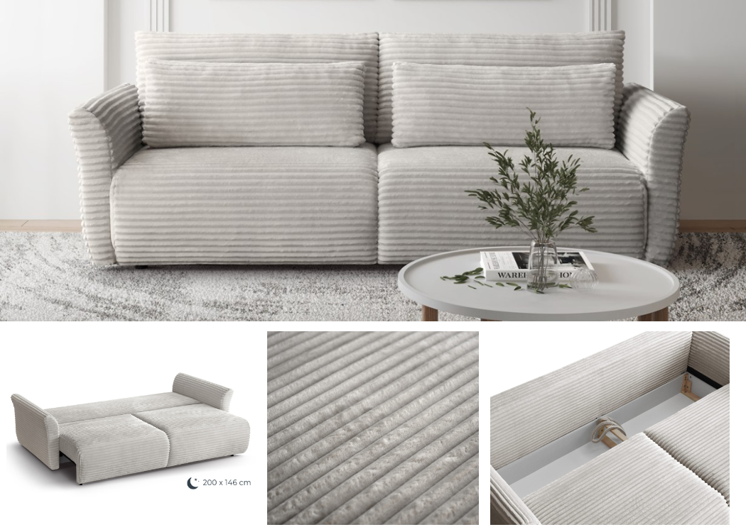Nauja minkšta miegama sofa / sofa-lova „Tamir“. Su miegojimo funkcija ir dėže patalynei. Su pagalvėmis. Su zigzaginėmis spyruoklėmis. Bėžinės / kreminės / smėlio spalvos iš minkšto stambaus velvetinio audinio (Tilia 03).