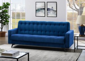 Nauja minkšta sofa-Lova „Gemi“. Su miegojimo funkcija ir dėže patalynei. Mėlynos spalvos iš švelnaus veliūrinio audinio.