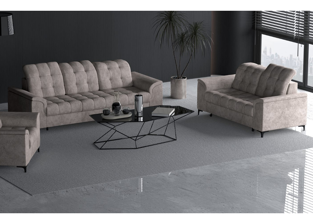 Naujas minkštų baldų komplektas “Napo” 3F+2PD 3-vietė sofa su miegojimo funkcija, 2-vietė sofa su dėže patalynei. Rusvos spalvos iš švelnaus audinio Bangkok Trufli.