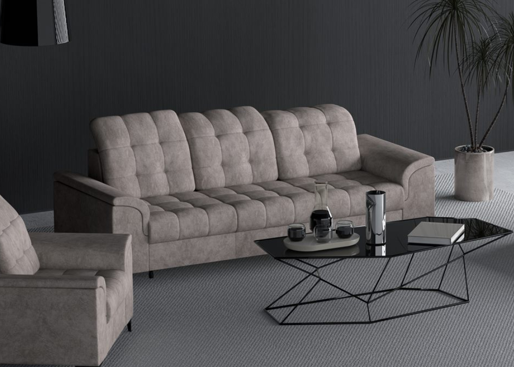 Naujas minkštų baldų komplektas “Napo” 3F+2PD 3-vietė sofa su miegojimo funkcija, 2-vietė sofa su dėže patalynei. Rusvos spalvos iš švelnaus audinio Bangkok Trufli.