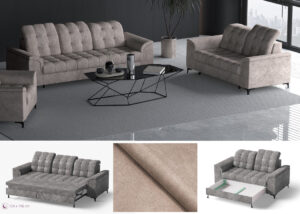 Naujas minkštų baldų komplektas “Napo” 3F+2PD 3-vietė sofa su miegojimo funkcija, 2-vietė sofa su dėže patalynei. Rusvos spalvos iš švelnaus audinio Bangkok Trufli.