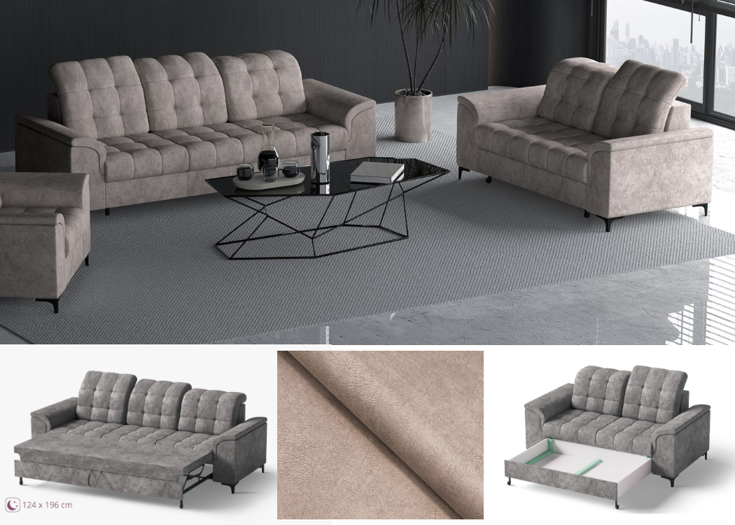 Naujas minkštų baldų komplektas “Napo” 3F+2PD 3-vietė sofa su miegojimo funkcija, 2-vietė sofa su dėže patalynei. Rusvos spalvos iš švelnaus audinio Bangkok Trufli.