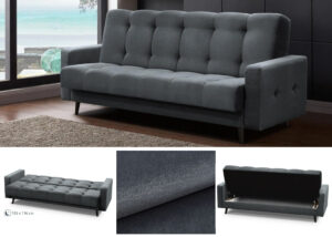 Nauja minkšta sofa – lova „Salsa“ su dėže patalynei. Su miegojimo funkcija ir dėže patalynei. Su porankiais. Tamsiai pilkos soalvos iš švelnaus veliūrinio audinio