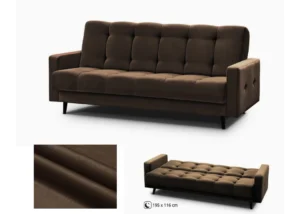 Sofa-lova „Salsa“ su dėže patalynei. Su miegojimo funkcija ir dėže patalynei. Rudos spalvos iš švelnaus veliūrinio audinio