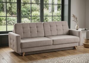 Sofa lova Vega su dėže patalynei kakavinės spalvos.